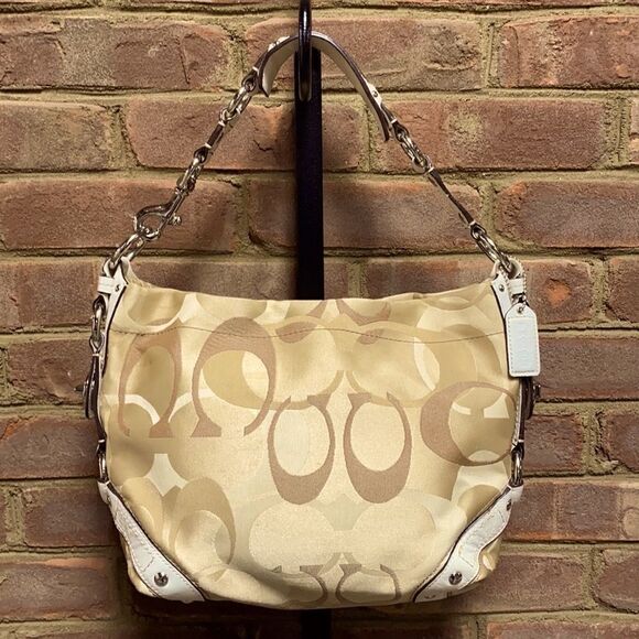 Coach Carly Signature Tan & Cream Leather Hobo Bag Authentic - Picture 3 of 9
